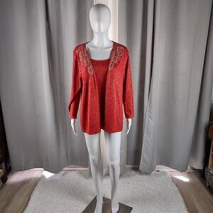 Ruby Rd Women's Red Sweater Gold Sparkle One Piece Pullover Cardigan Size Large